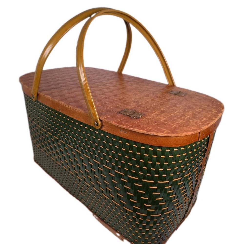 Vintage Hawkeye Picnic Basket Burlington Green Woven Mid Century Retro 1950s Lid